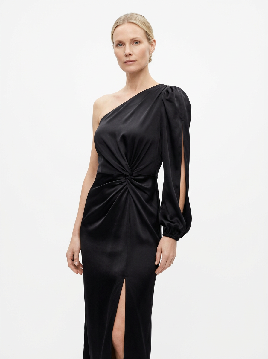 One-Shoulder Dress Women Draped Accent Front Split Classy Nights