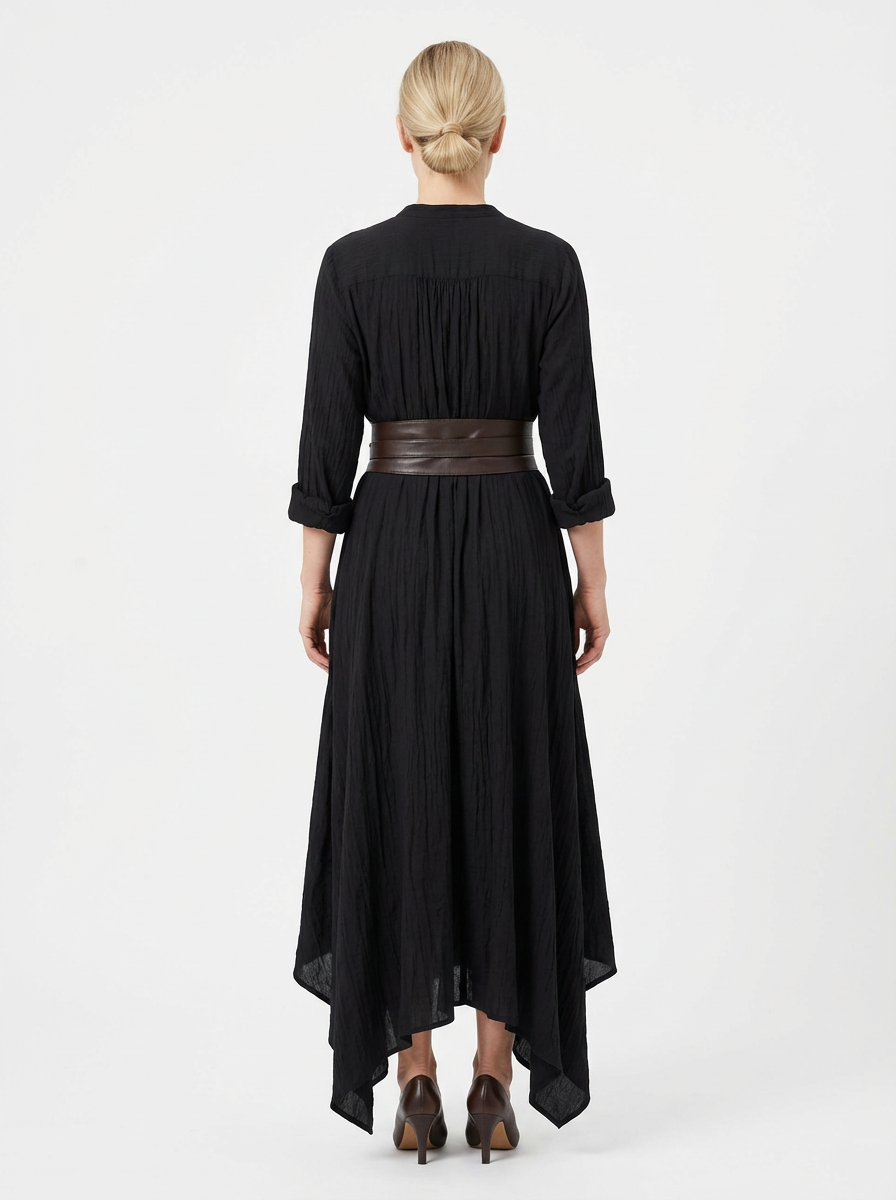 Maxi Dress Women Single Breasted Pleated Lapel Collar Long Sleeve