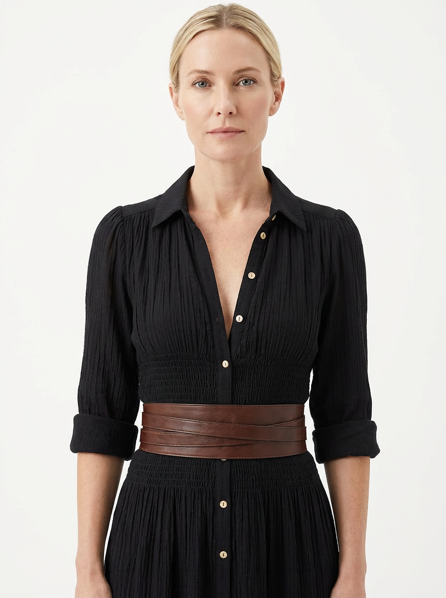 Maxi Dress Women Single Breasted Pleated Lapel Collar Long Sleeve