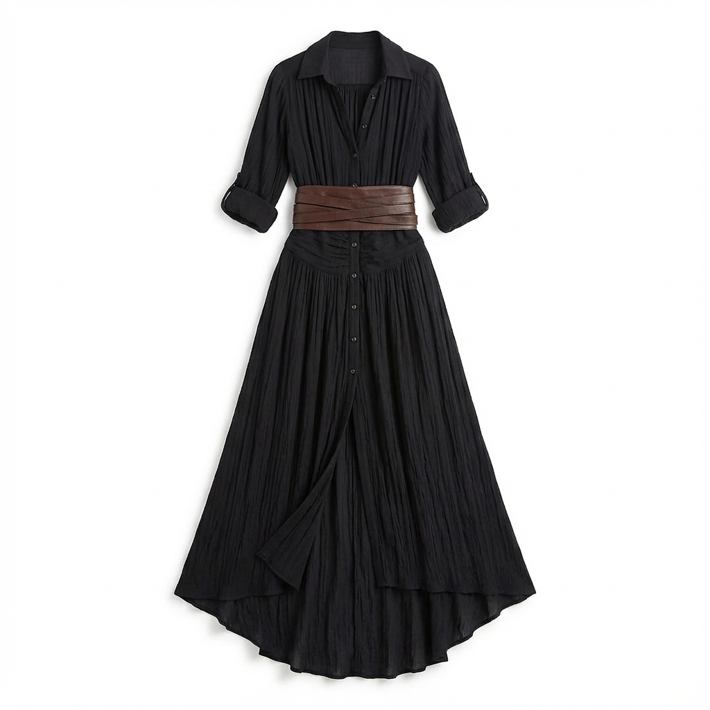 Maxi Dress Women Single Breasted Pleated Lapel Collar Long Sleeve