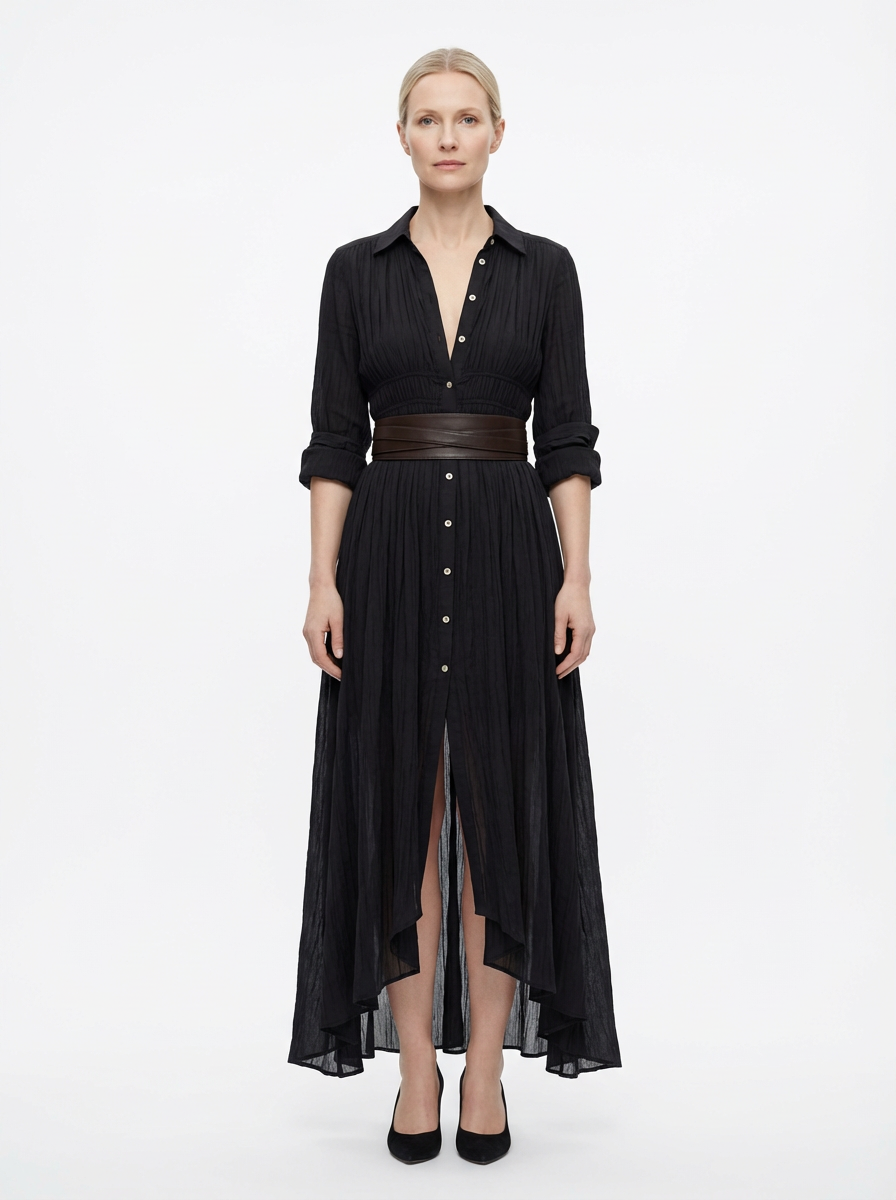 Maxi Dress Women Single Breasted Pleated Lapel Collar Long Sleeve