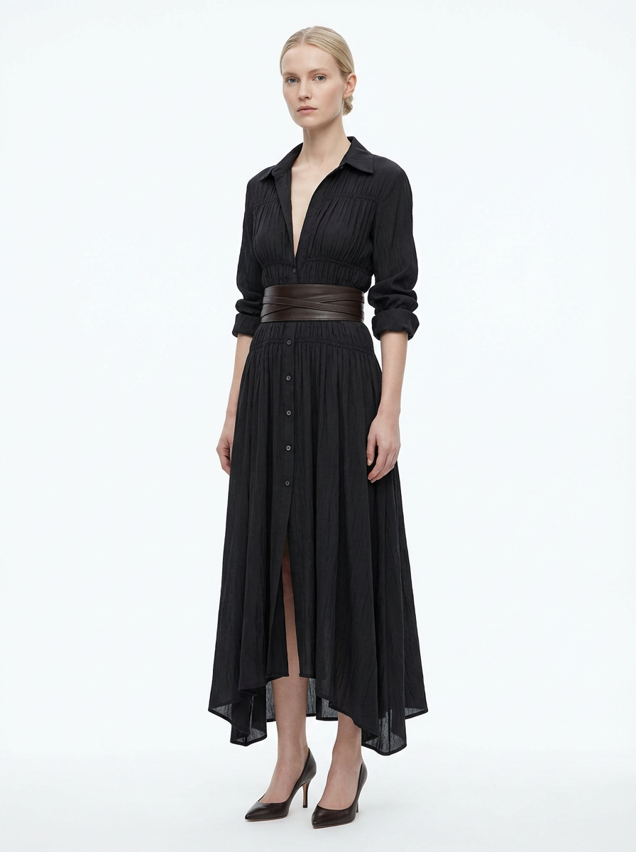 Maxi Dress Women Single Breasted Pleated Lapel Collar Long Sleeve