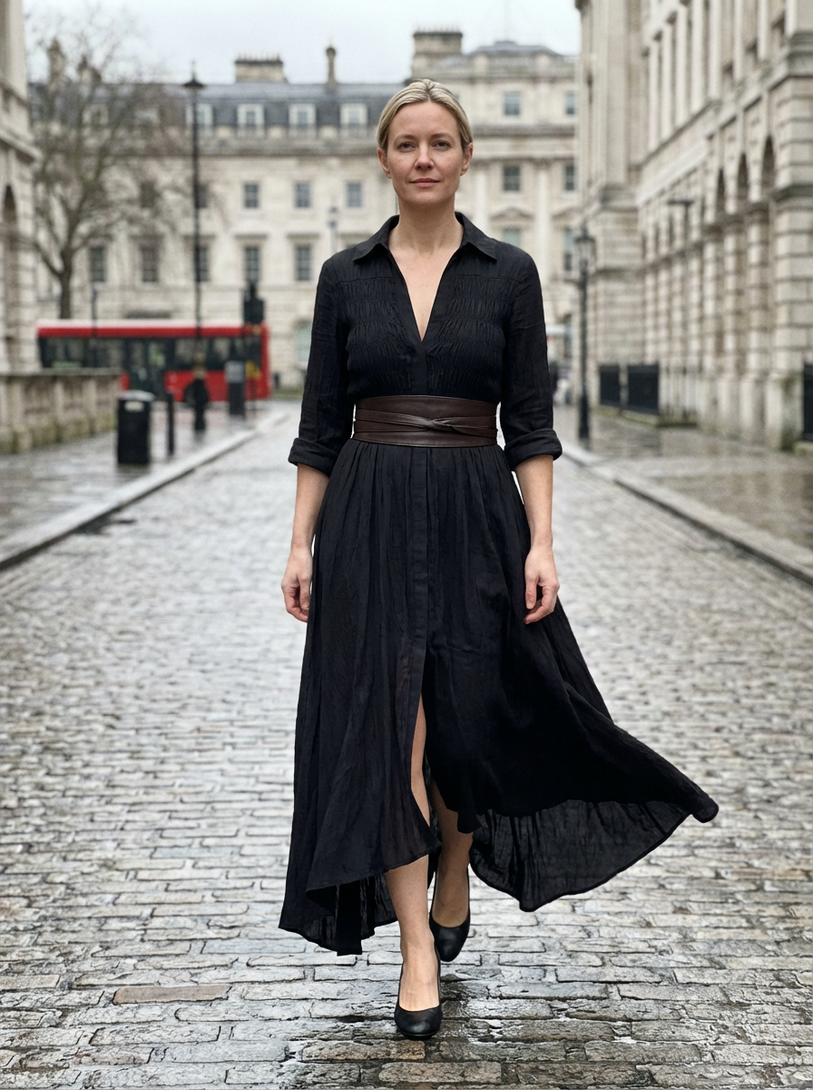 Maxi Dress Women Single Breasted Pleated Lapel Collar Long Sleeve