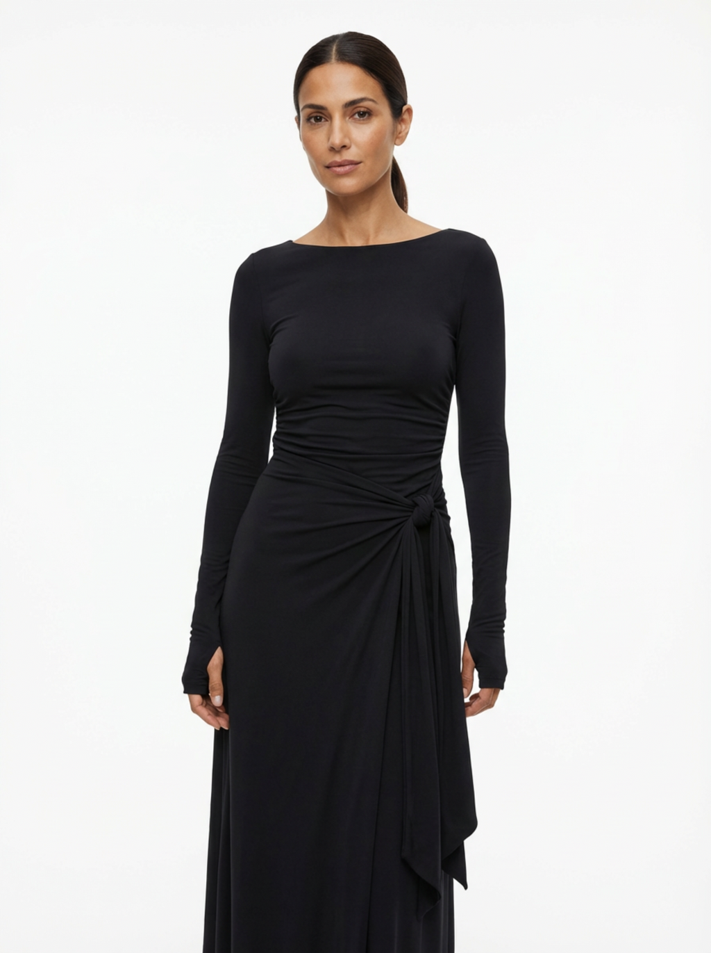 Maxi Dress Women Wrap Front Knot Detail V‑Neck Longsleeve