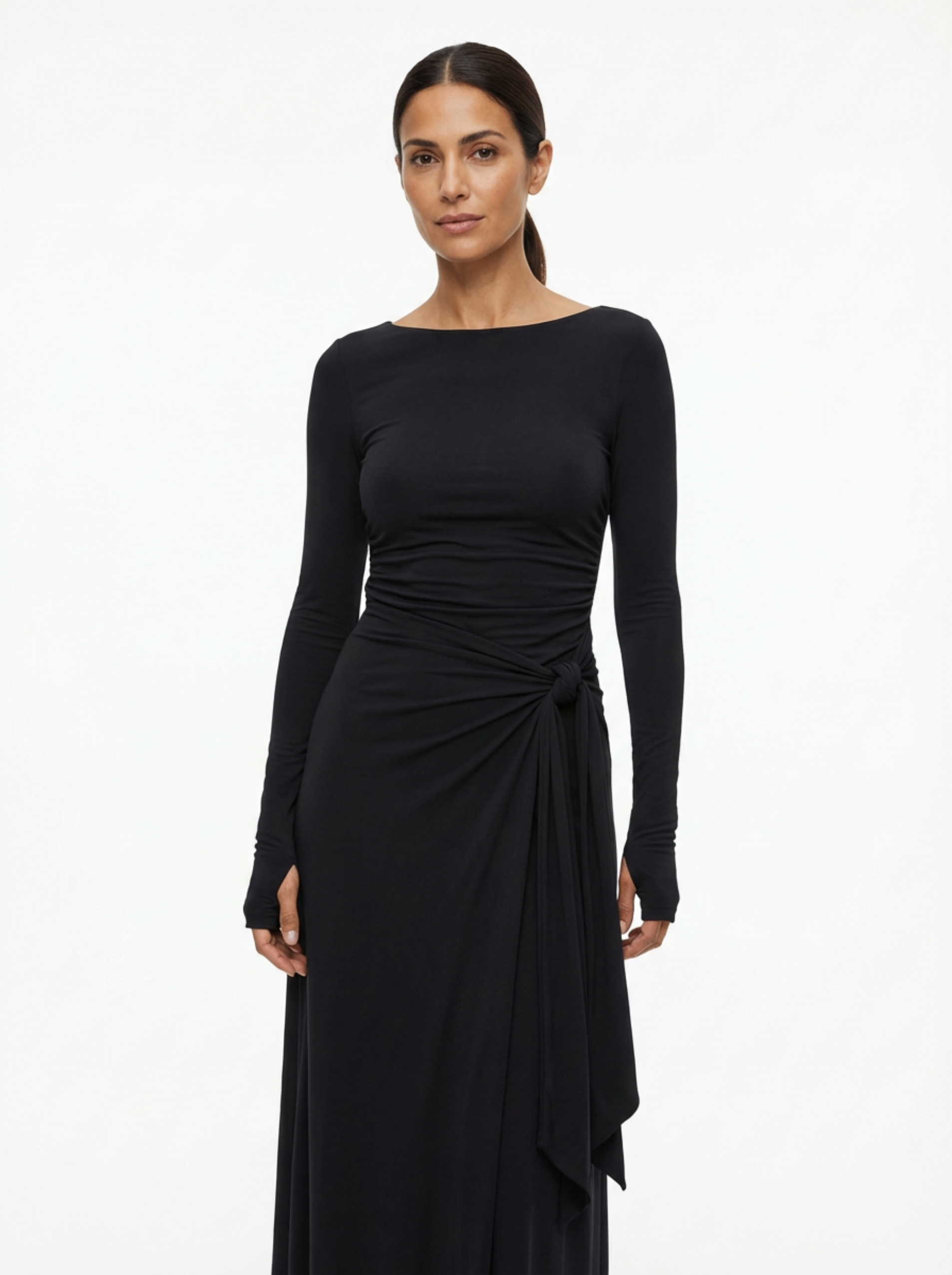 Maxi Dress Women Wrap Front Knot Detail V‑Neck Longsleeve