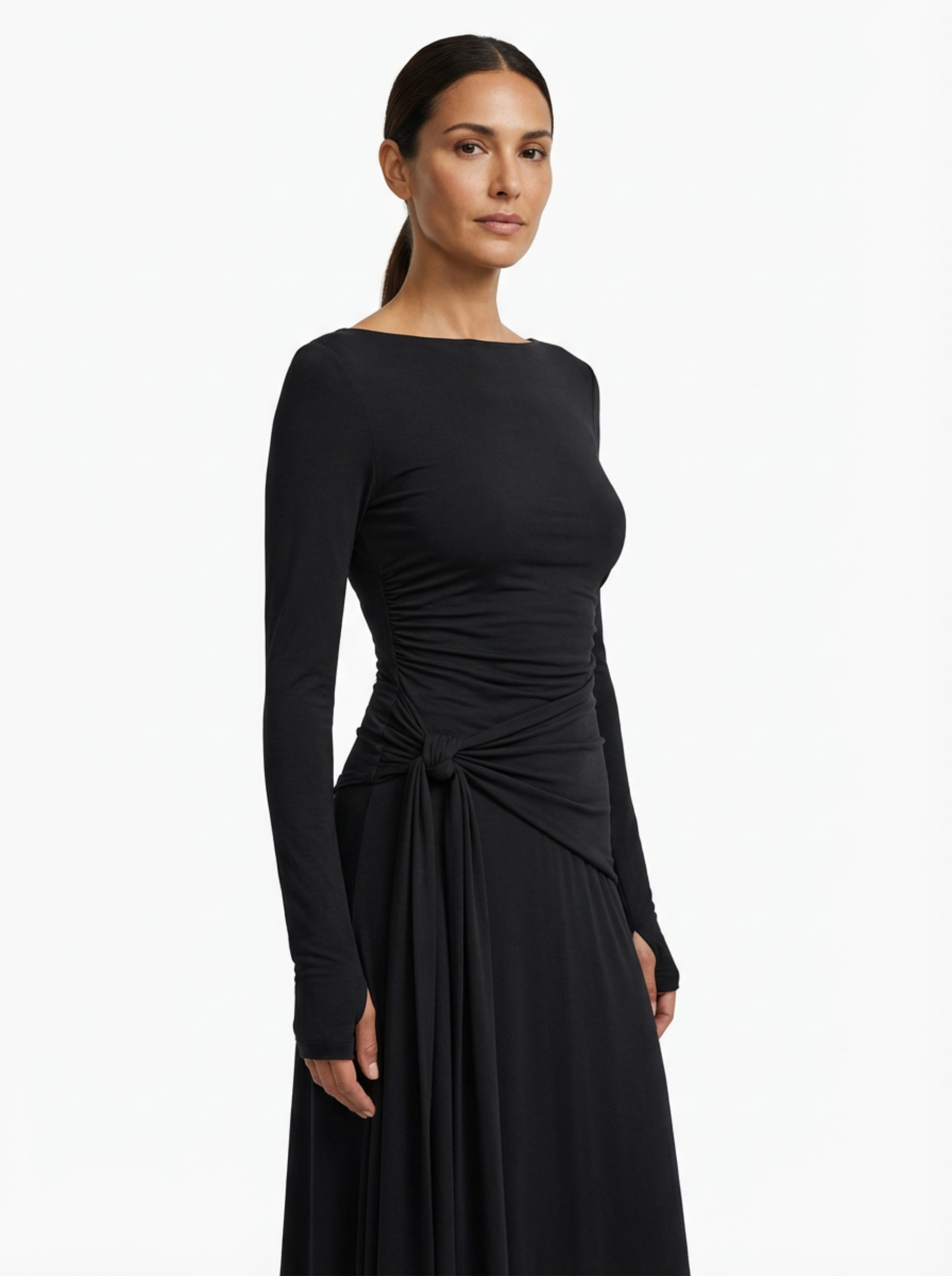 Maxi Dress Women Wrap Front Knot Detail V‑Neck Longsleeve