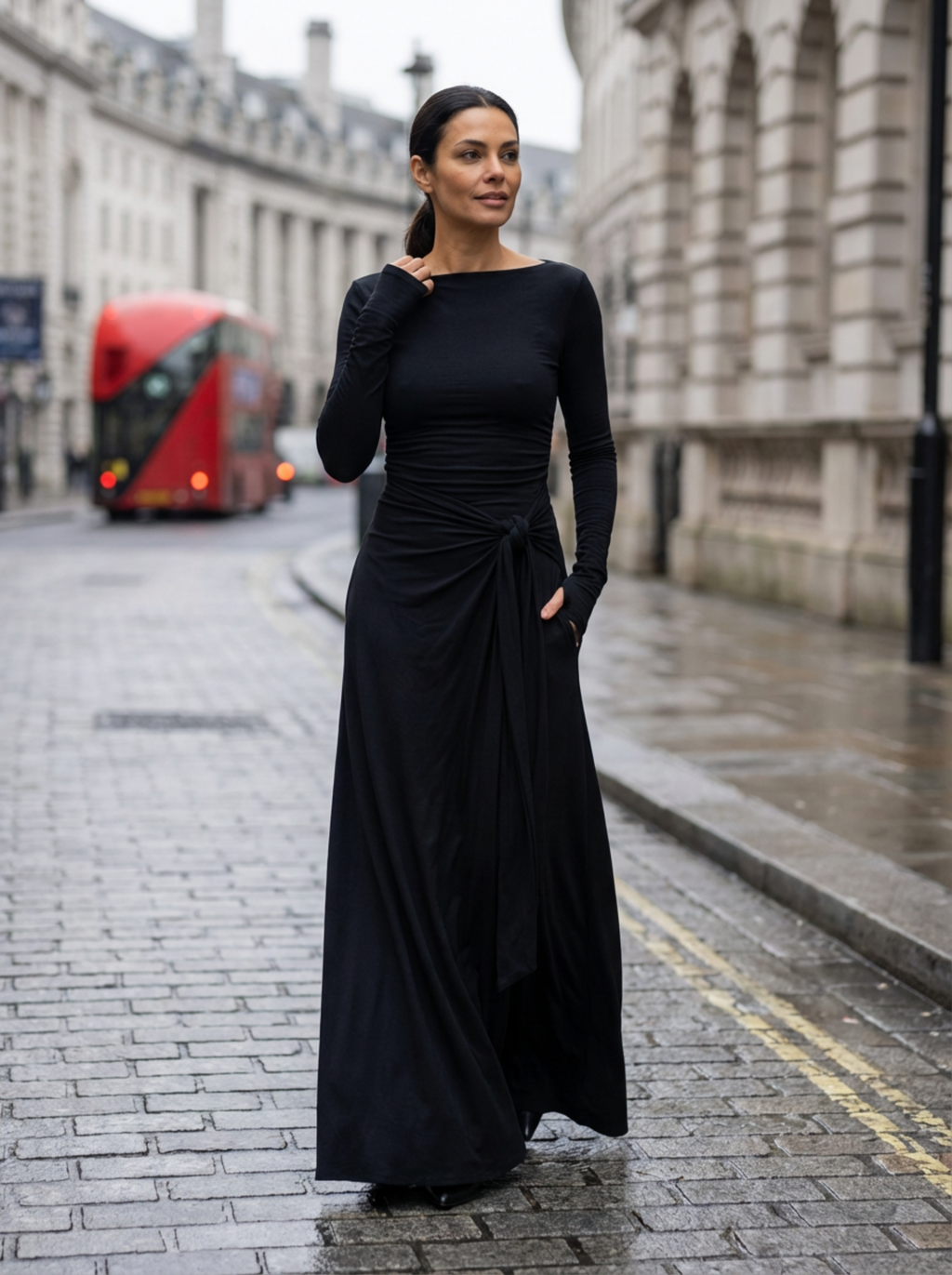 Maxi Dress Women Wrap Front Knot Detail V‑Neck Longsleeve