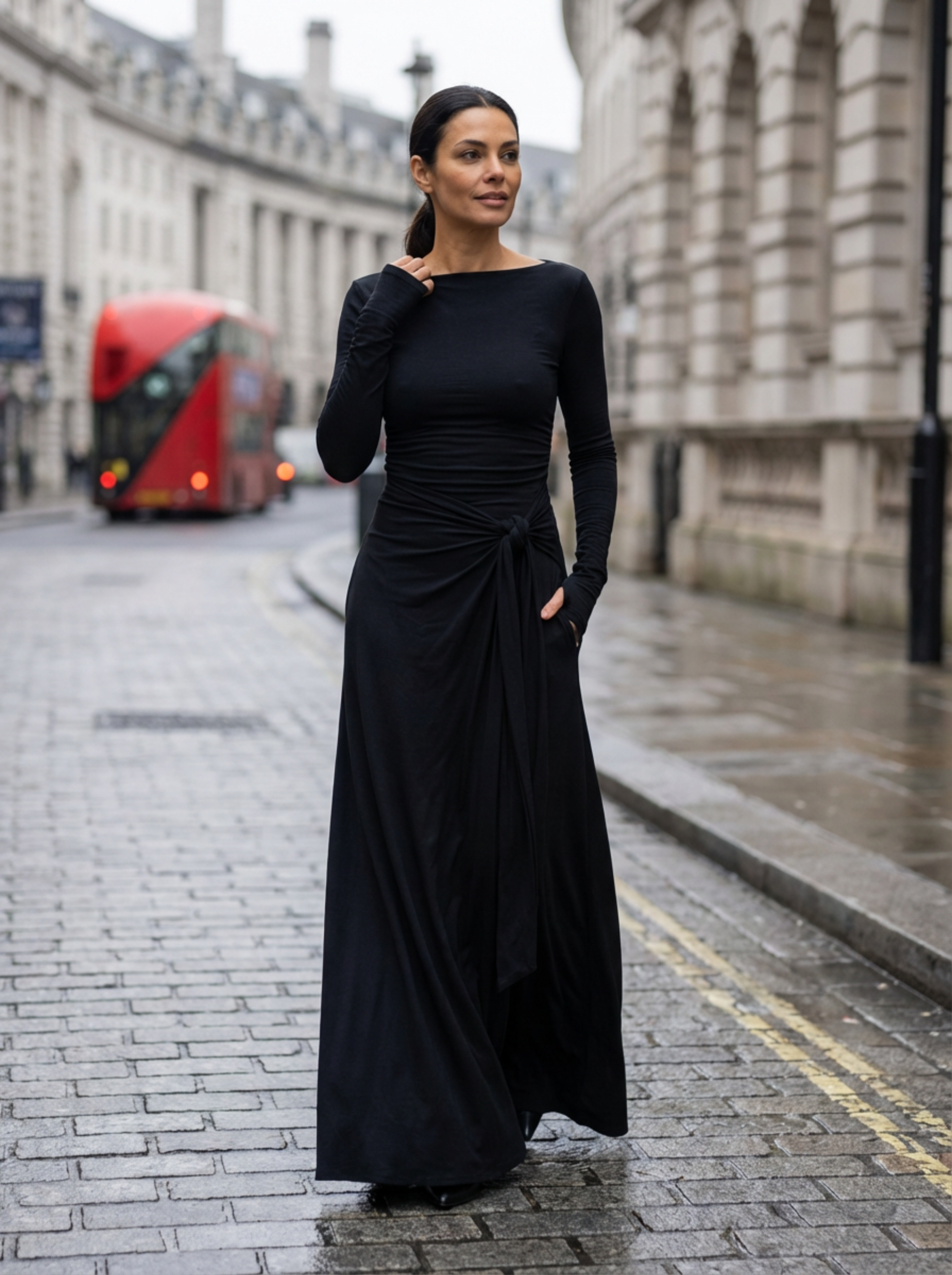 Maxi Dress Women Wrap Front Knot Detail V‑Neck Longsleeve