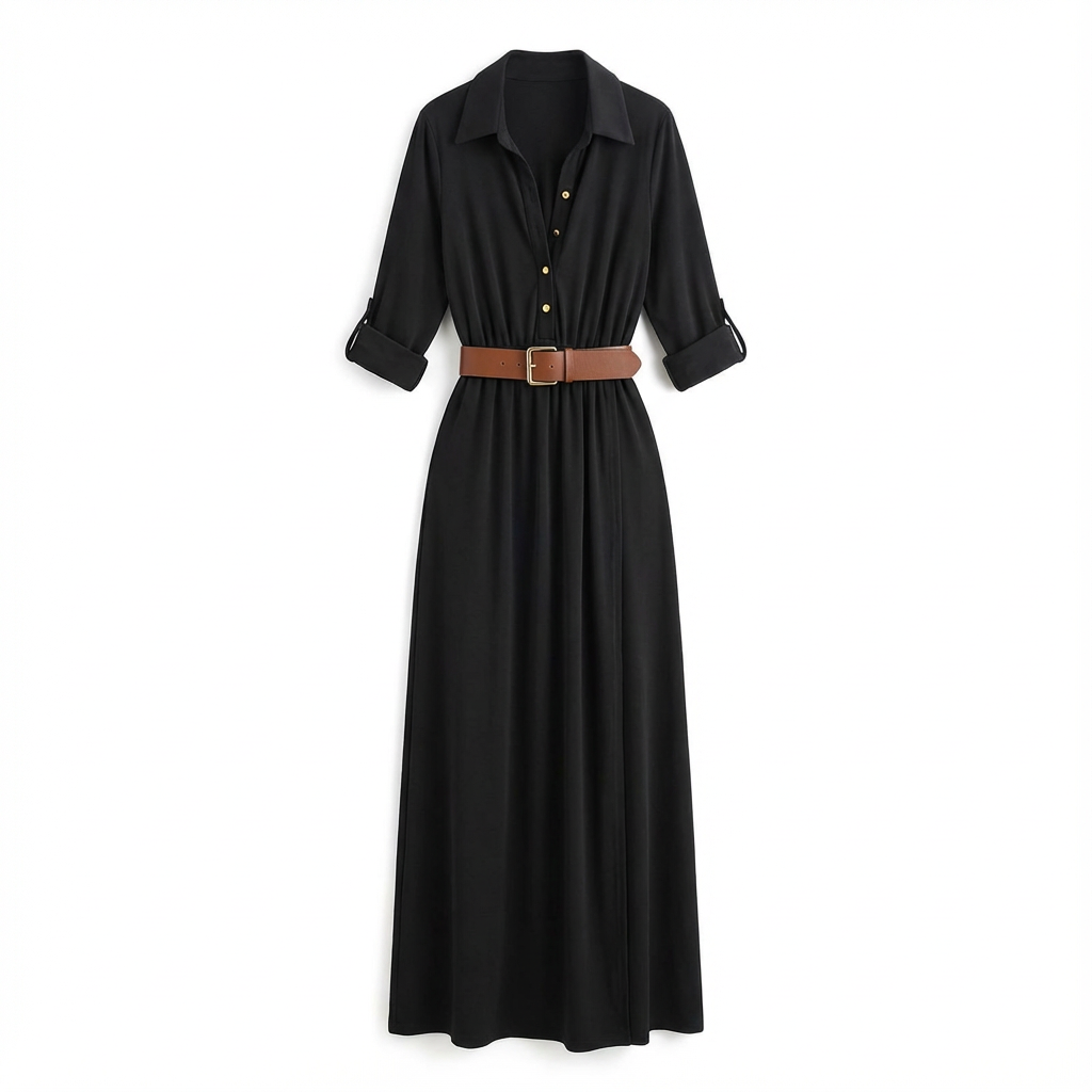 Maxi Dress Women Lapel Collar Belted Single Breasted Long Sleeve