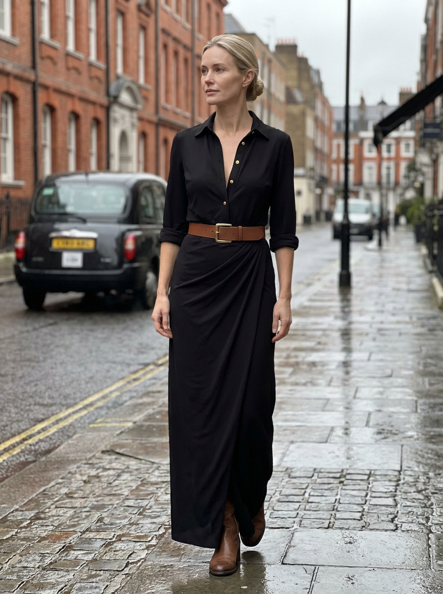 Maxi Dress Women Lapel Collar Belted Single Breasted Long Sleeve