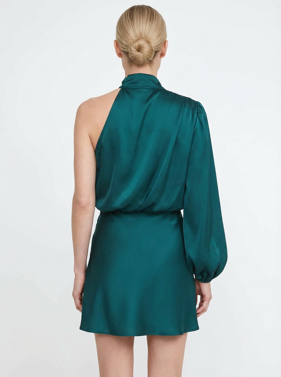 One-Shoulder Evening Dress Women Asymmetrical Puff Sleeve Midi Silhouette