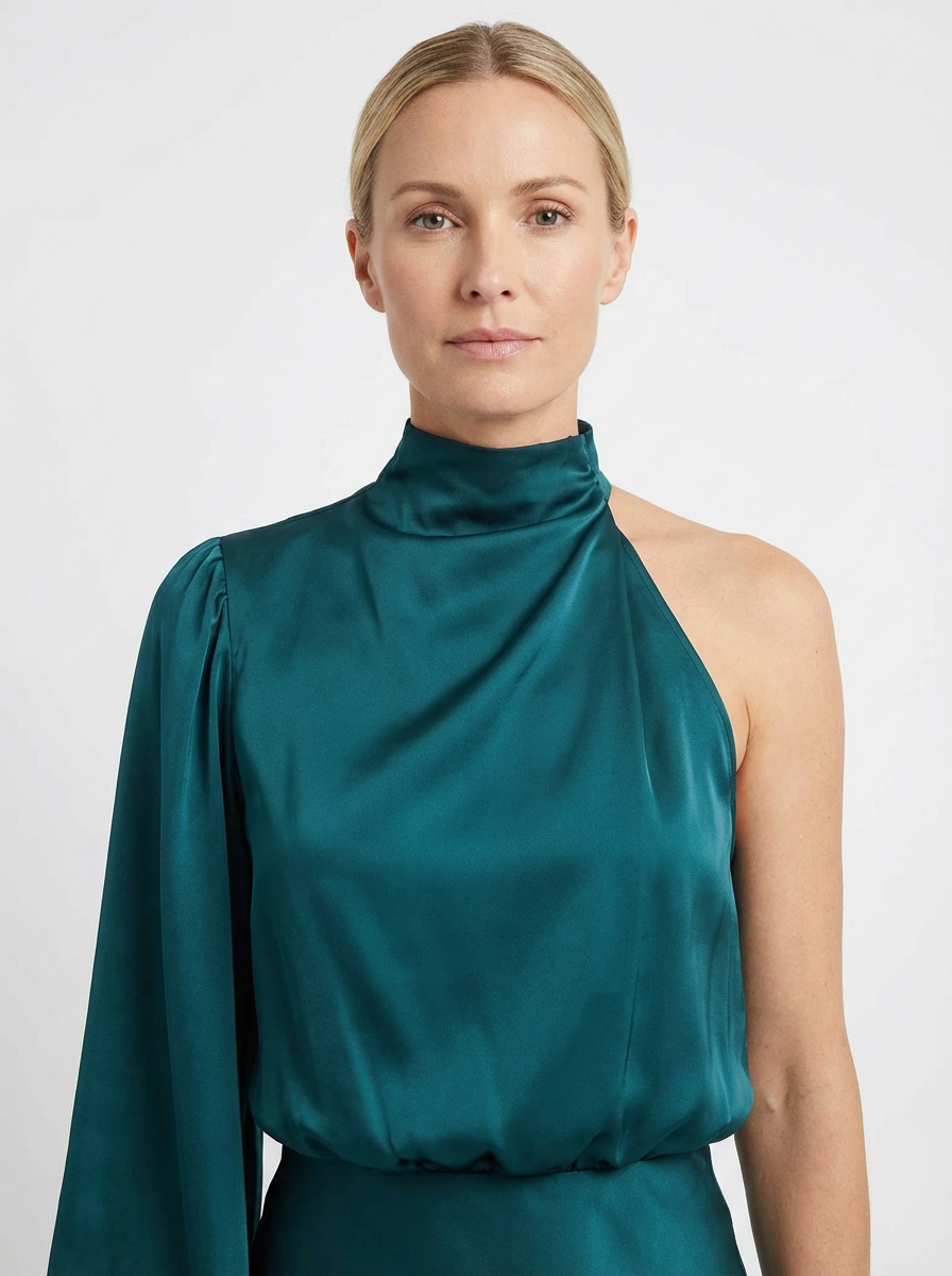 One-Shoulder Evening Dress Women Asymmetrical Puff Sleeve Midi Silhouette