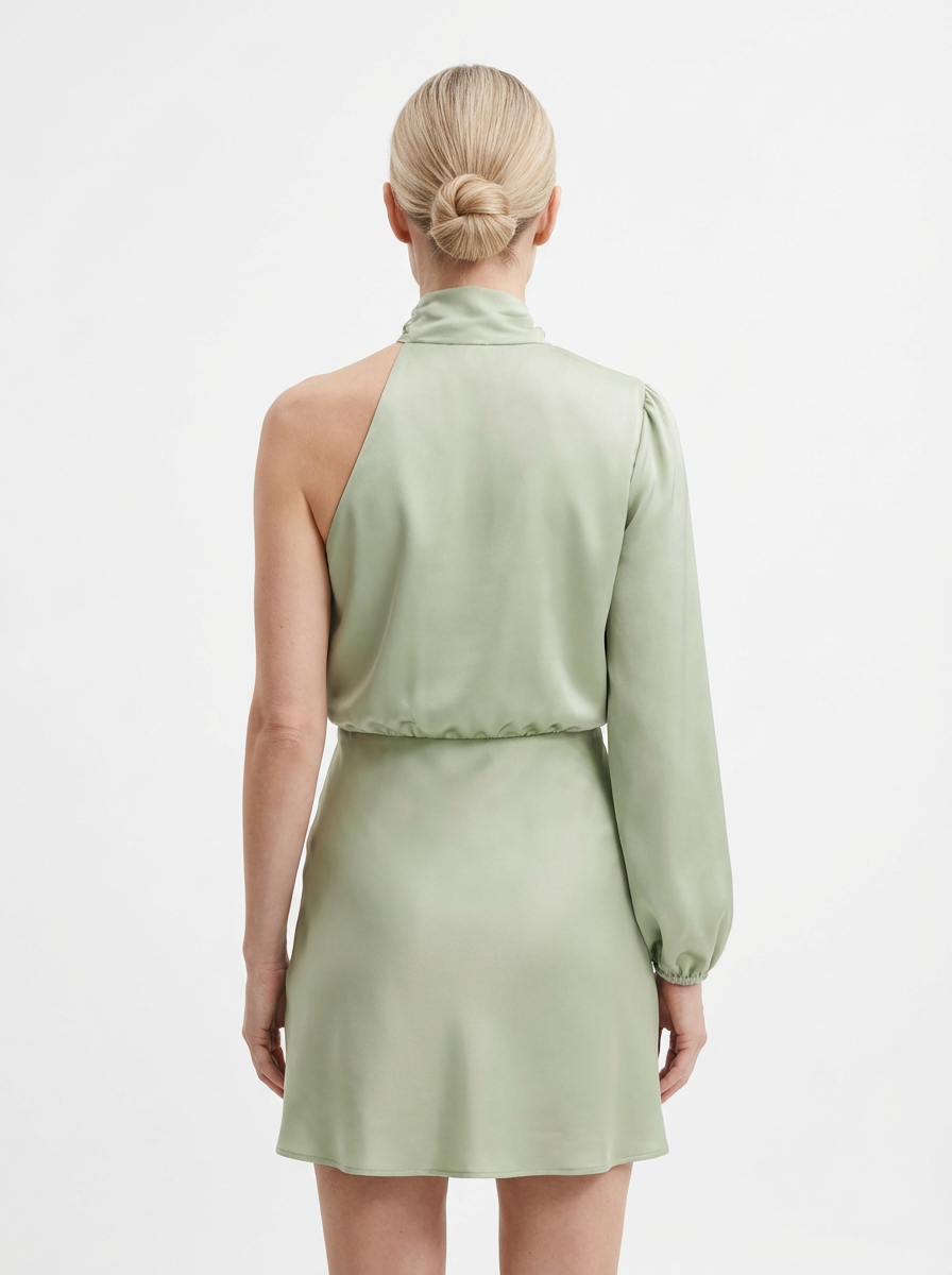 One-Shoulder Evening Dress Women Asymmetrical Puff Sleeve Midi Silhouette