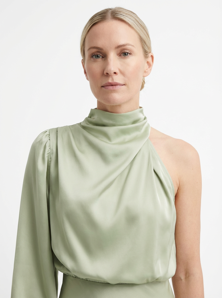 One-Shoulder Evening Dress Women Asymmetrical Puff Sleeve Midi Silhouette