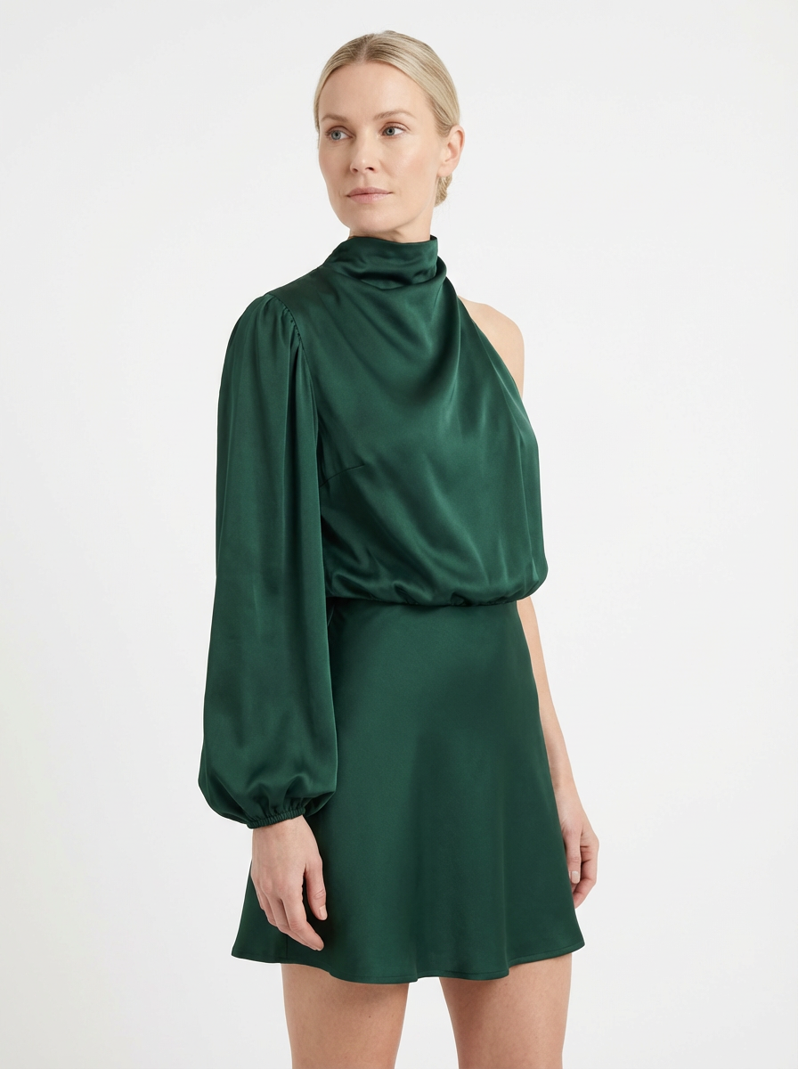 One-Shoulder Evening Dress Women Asymmetrical Puff Sleeve Midi Silhouette