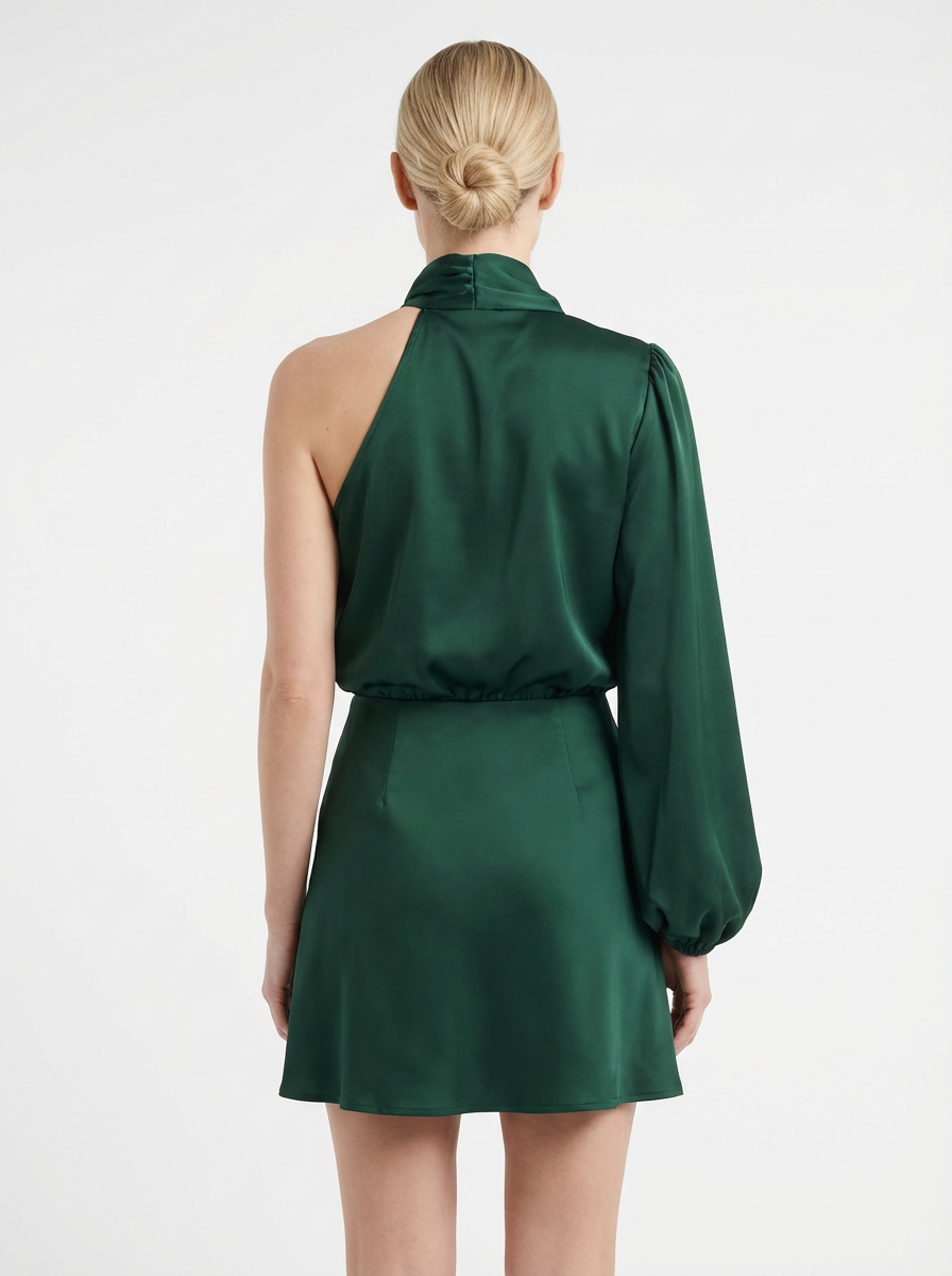 One-Shoulder Evening Dress Women Asymmetrical Puff Sleeve Midi Silhouette