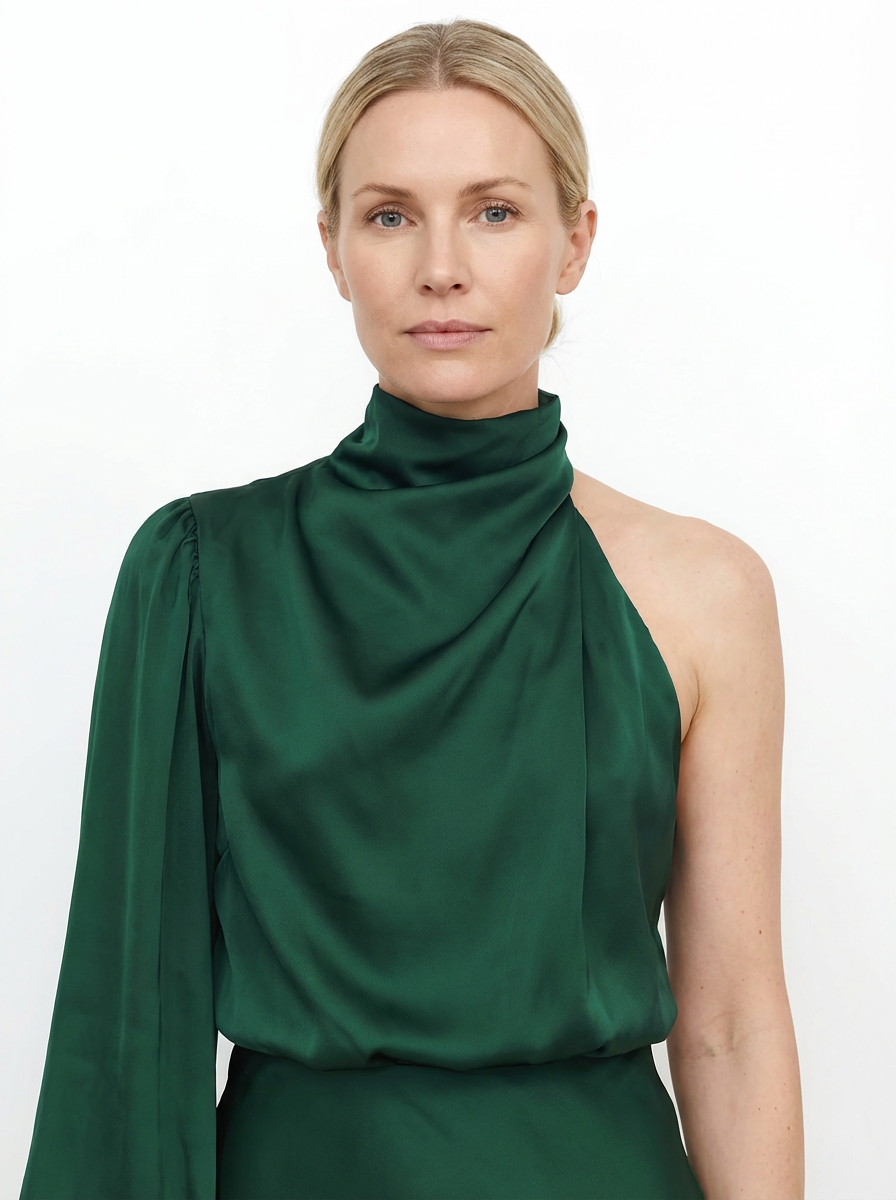 One-Shoulder Evening Dress Women Asymmetrical Puff Sleeve Midi Silhouette