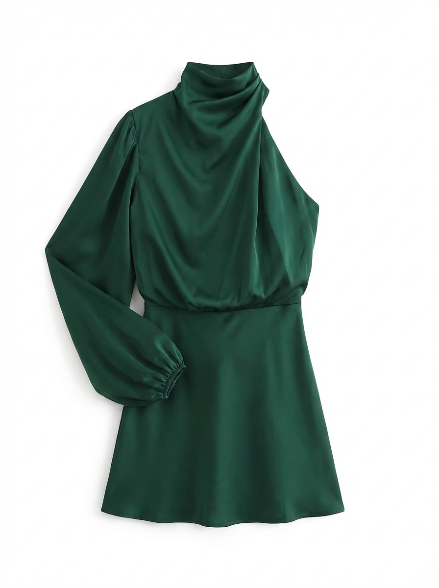 One-Shoulder Evening Dress Women Asymmetrical Puff Sleeve Midi Silhouette