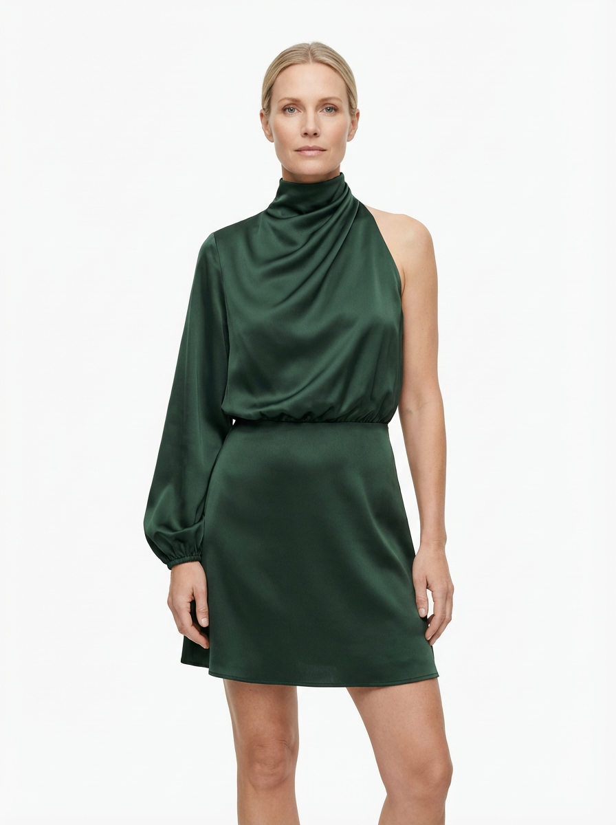 One-Shoulder Evening Dress Women Asymmetrical Puff Sleeve Midi Silhouette