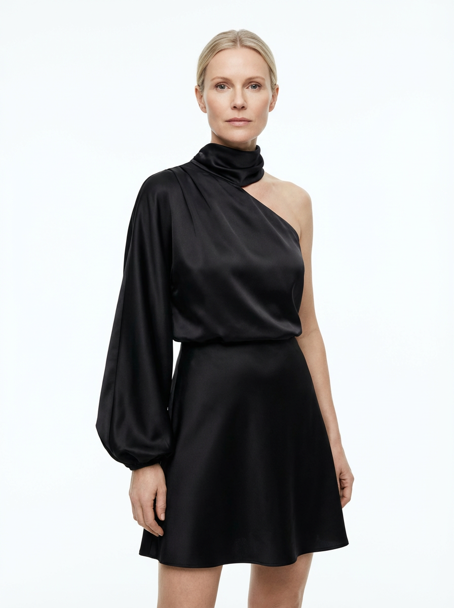One-Shoulder Evening Dress Women Asymmetrical Puff Sleeve Midi Silhouette