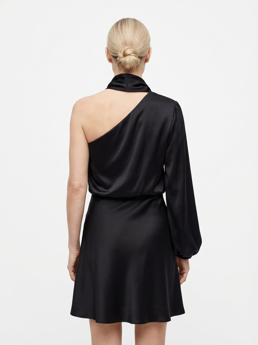 One-Shoulder Evening Dress Women Asymmetrical Puff Sleeve Midi Silhouette