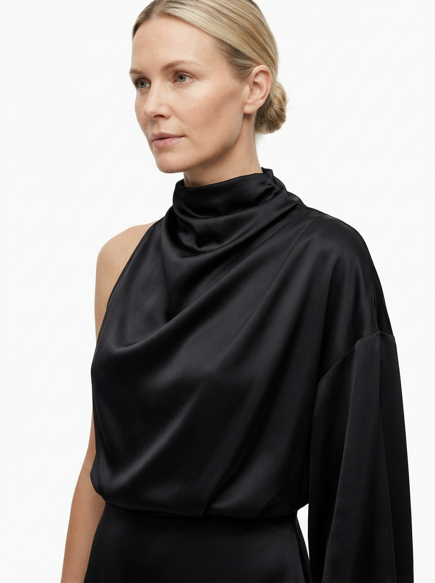 One-Shoulder Evening Dress Women Asymmetrical Puff Sleeve Midi Silhouette