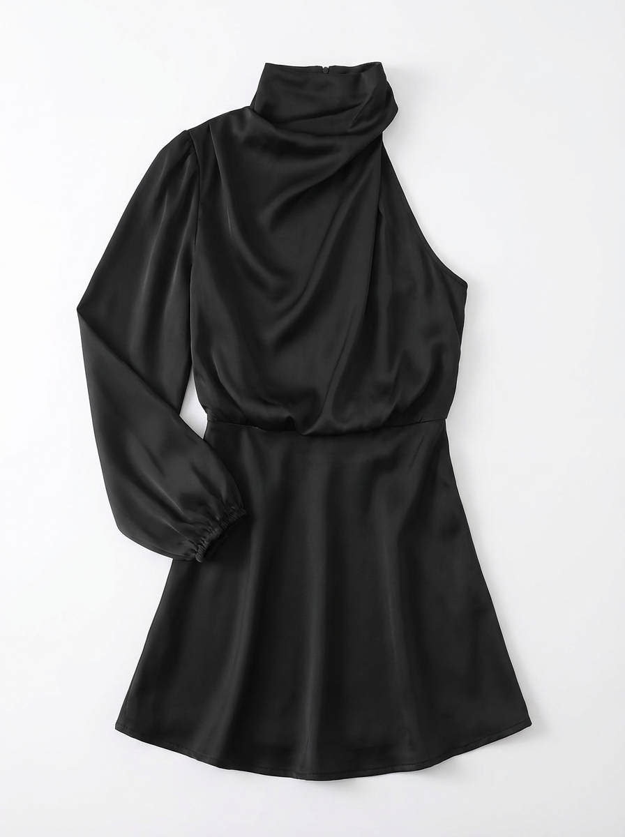 One-Shoulder Evening Dress Women Asymmetrical Puff Sleeve Midi Silhouette
