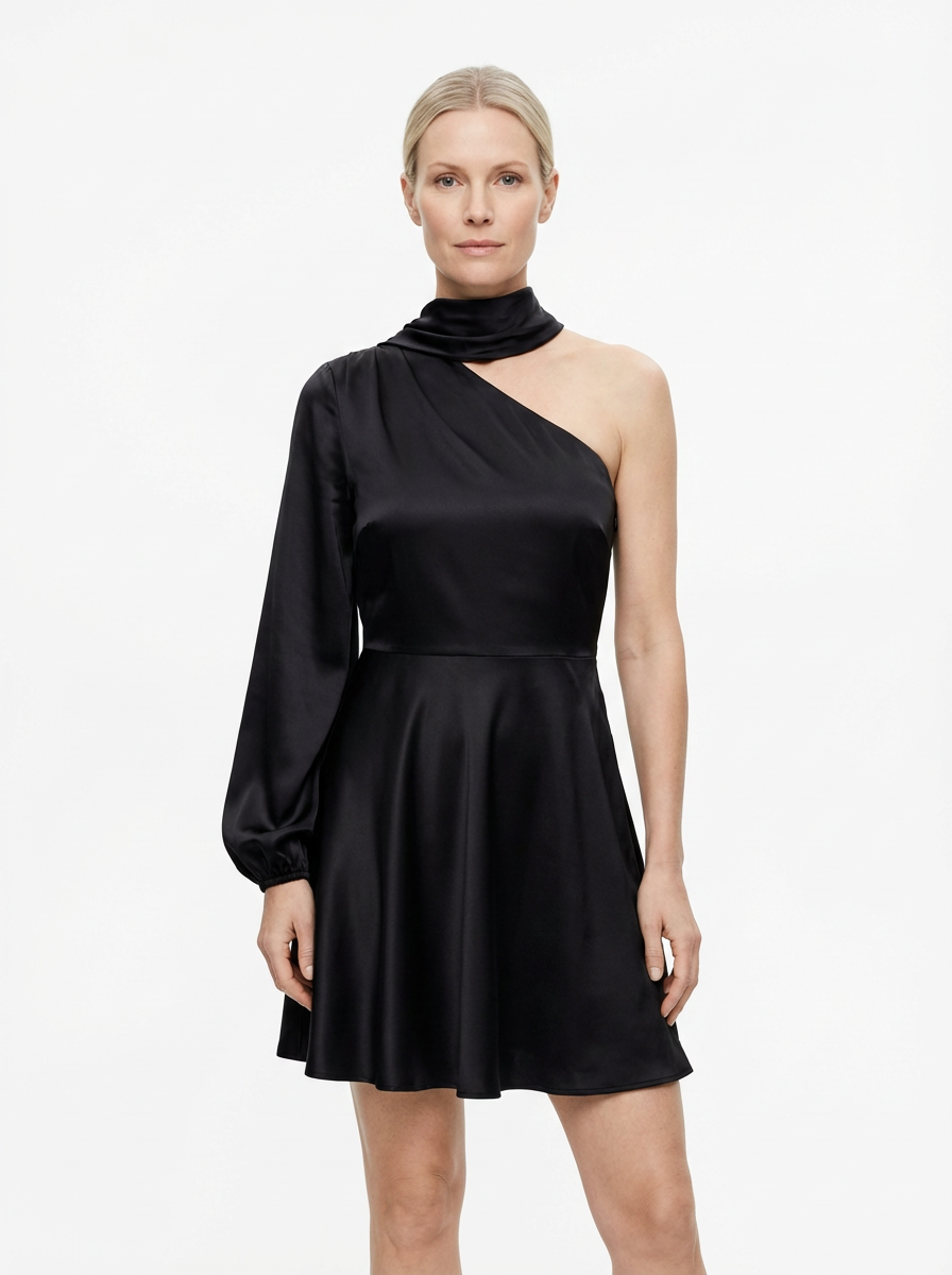 One-Shoulder Evening Dress Women Asymmetrical Puff Sleeve Midi Silhouette