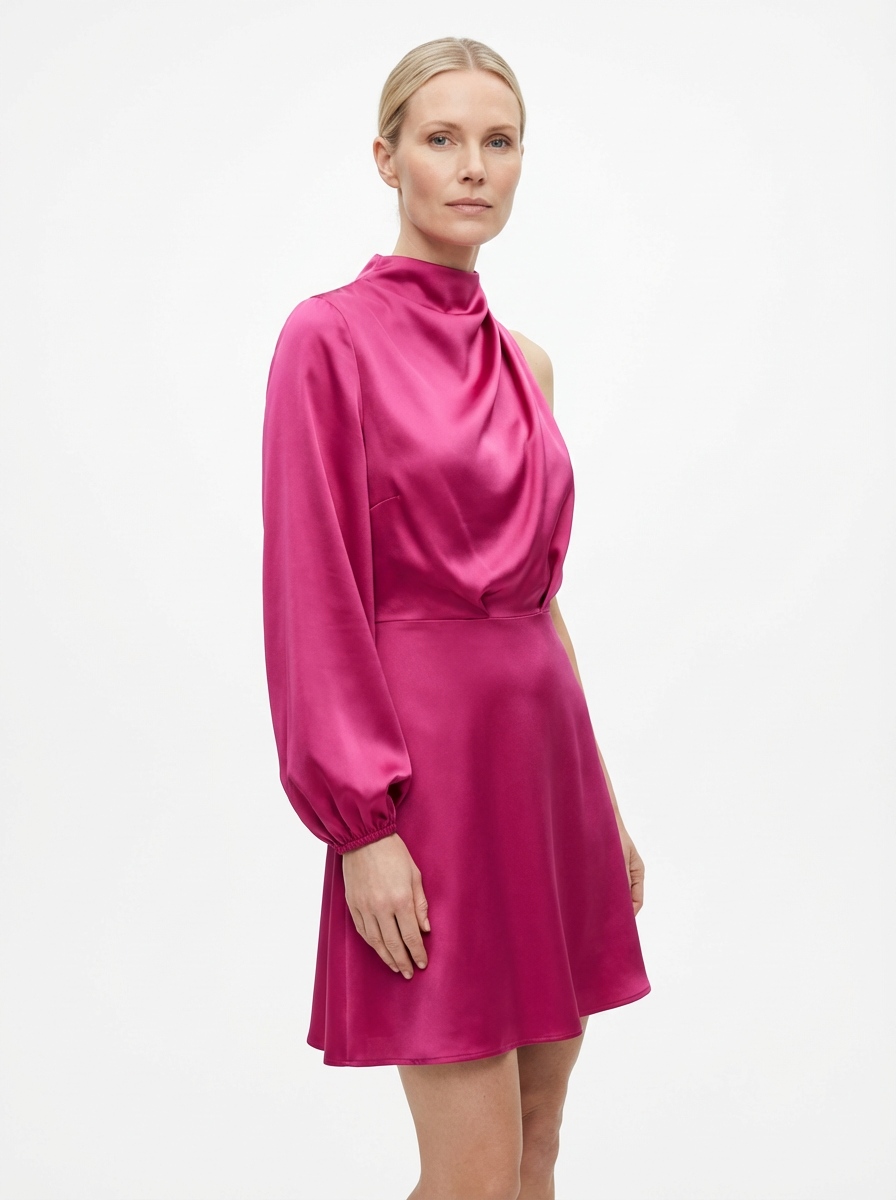 One-Shoulder Evening Dress Women Asymmetrical Puff Sleeve Midi Silhouette