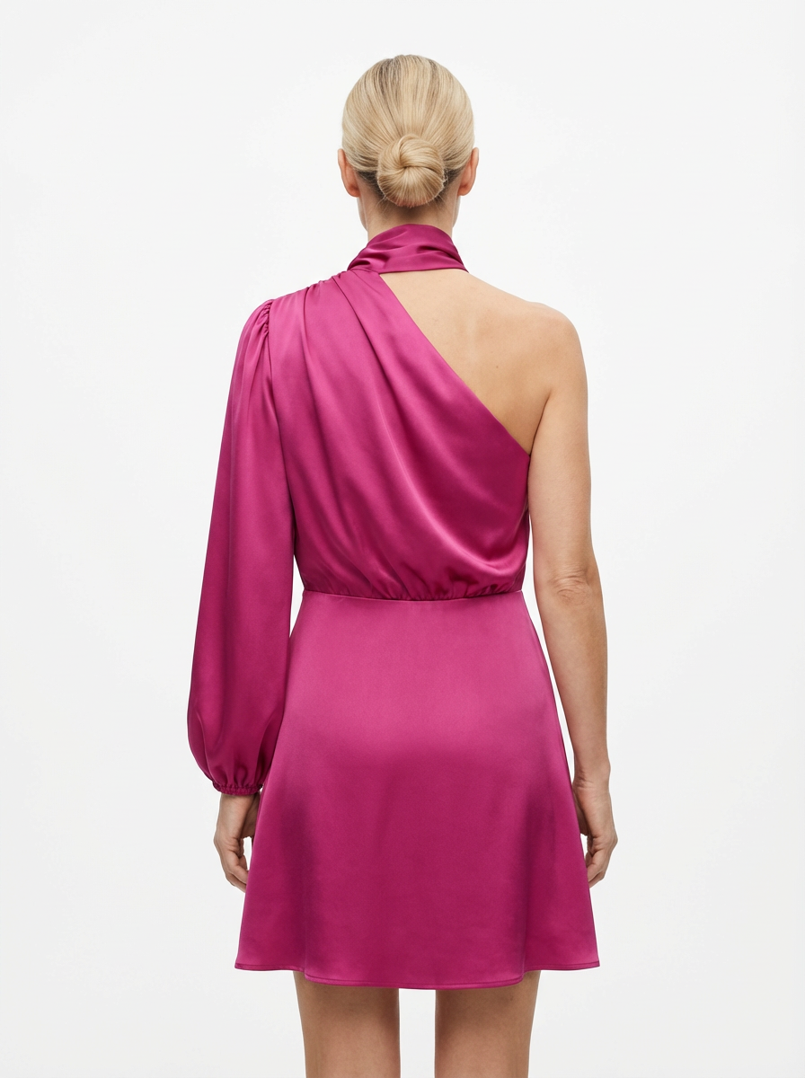 One-Shoulder Evening Dress Women Asymmetrical Puff Sleeve Midi Silhouette