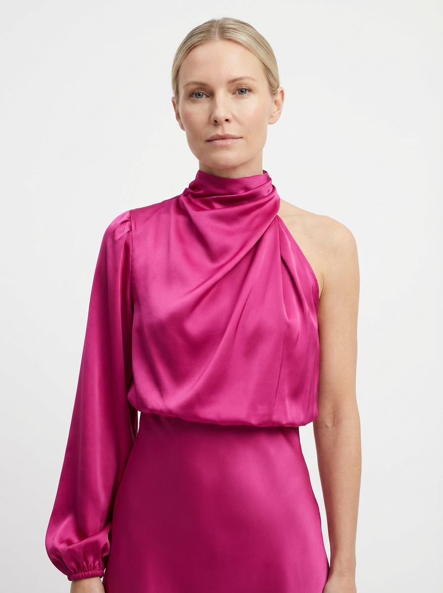 One-Shoulder Evening Dress Women Asymmetrical Puff Sleeve Midi Silhouette