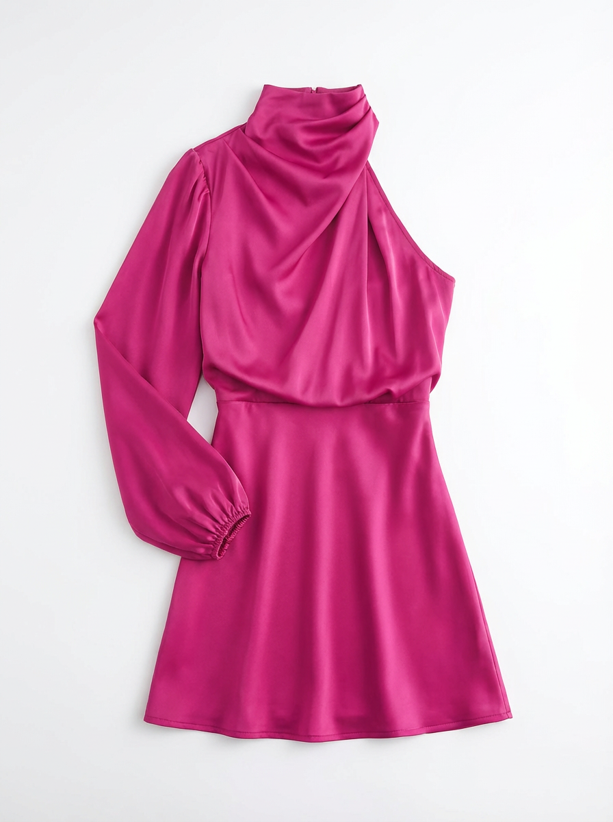 One-Shoulder Evening Dress Women Asymmetrical Puff Sleeve Midi Silhouette