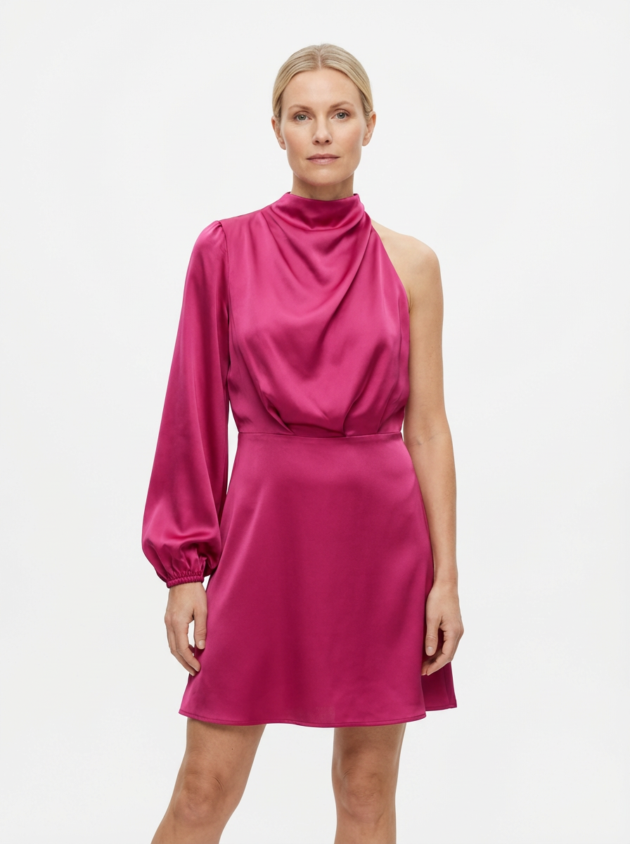 One-Shoulder Evening Dress Women Asymmetrical Puff Sleeve Midi Silhouette