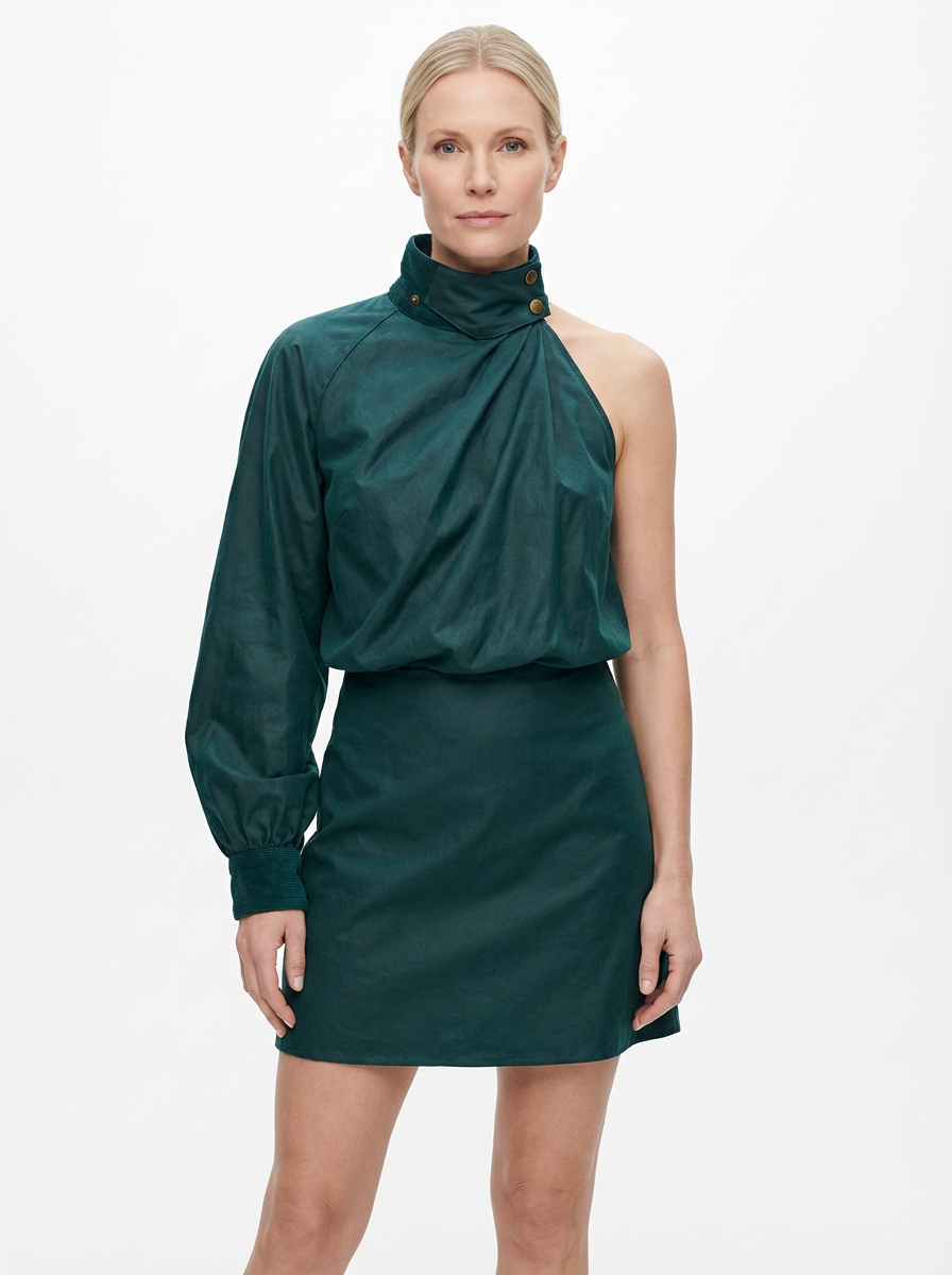 One-Shoulder Evening Dress Women Asymmetrical Puff Sleeve Midi Silhouette