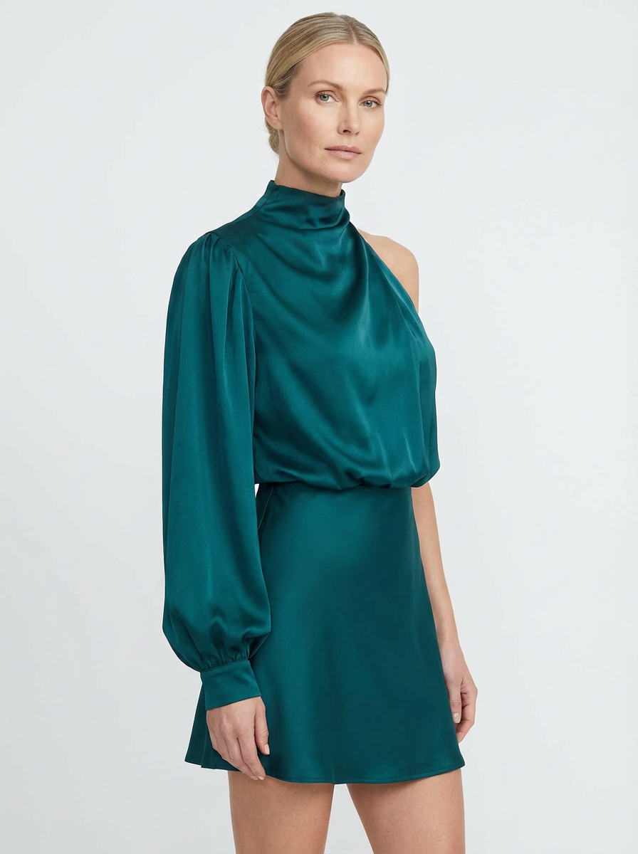One-Shoulder Evening Dress Women Asymmetrical Puff Sleeve Midi Silhouette