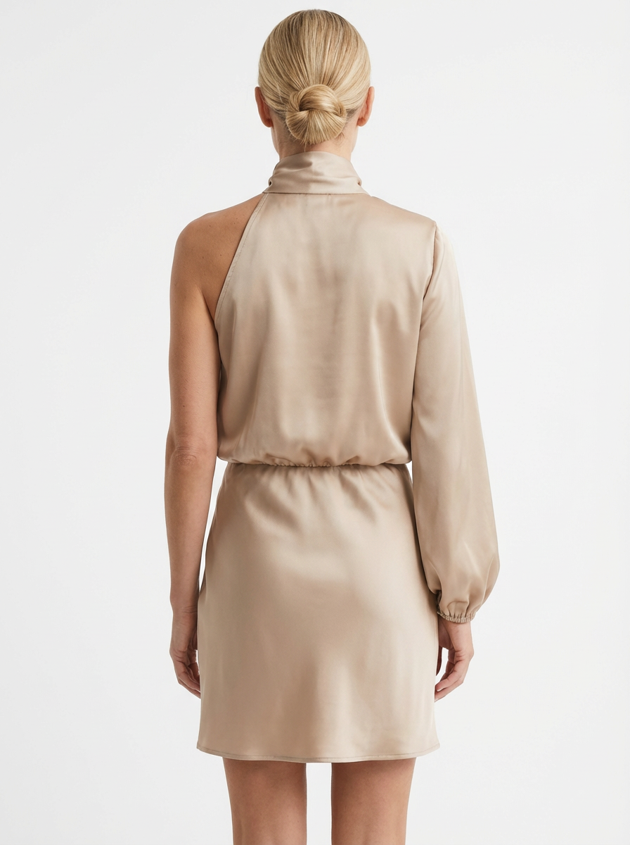 One-Shoulder Evening Dress Women Asymmetrical Puff Sleeve Midi Silhouette
