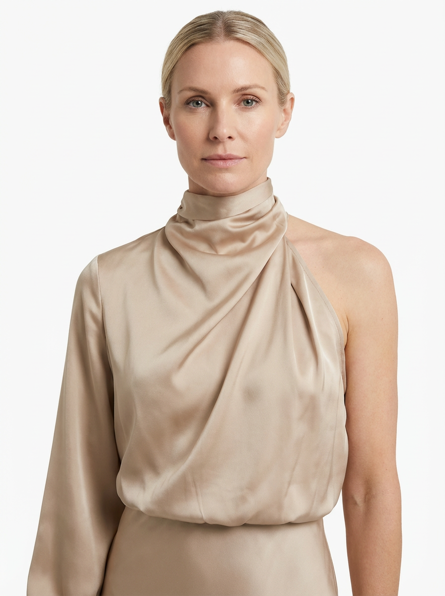 One-Shoulder Evening Dress Women Asymmetrical Puff Sleeve Midi Silhouette