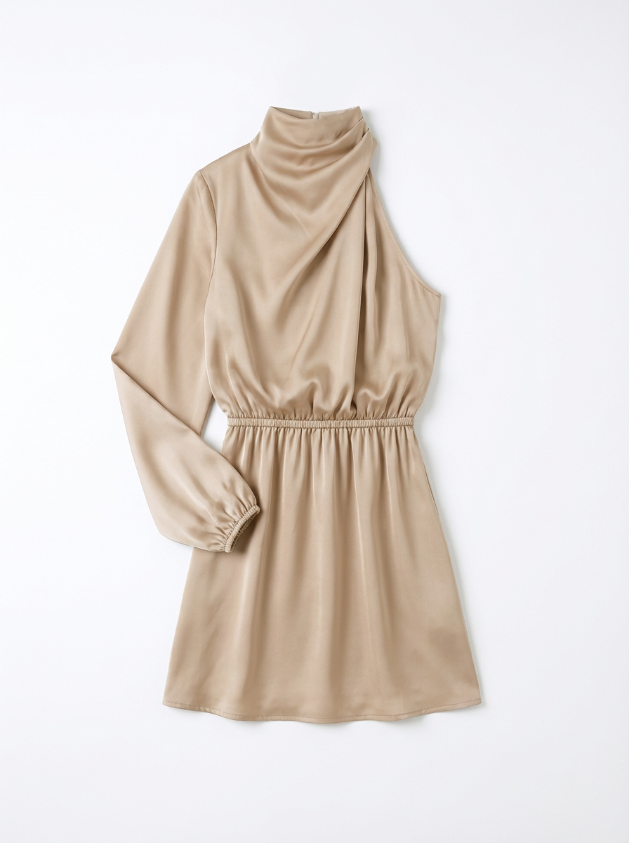 One-Shoulder Evening Dress Women Asymmetrical Puff Sleeve Midi Silhouette