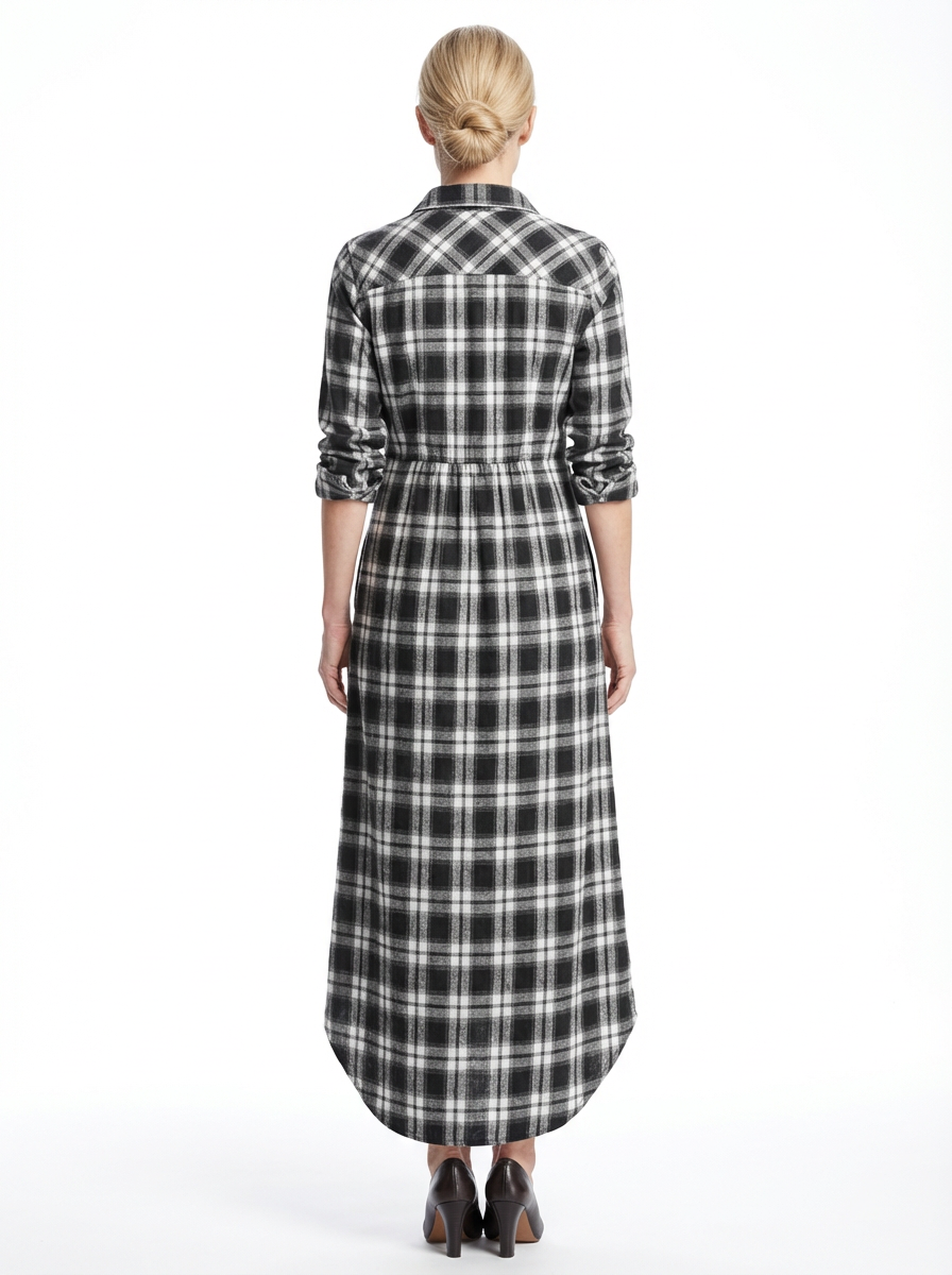 Maxi Dress Women Plaid Shirt Style Lapel Collar Single Breasted Long Sleeve