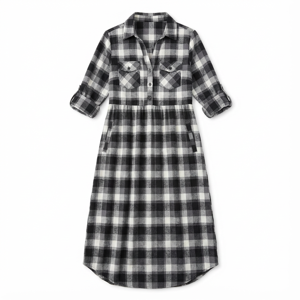 Maxi Dress Women Plaid Shirt Style Lapel Collar Single Breasted Long Sleeve