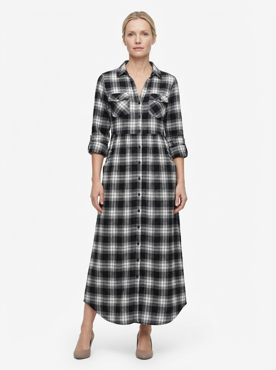 Maxi Dress Women Plaid Shirt Style Lapel Collar Single Breasted Long Sleeve