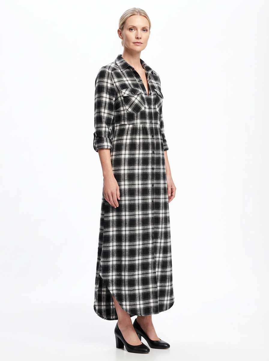 Maxi Dress Women Plaid Shirt Style Lapel Collar Single Breasted Long Sleeve