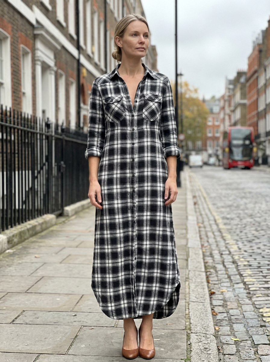 Maxi Dress Women Plaid Shirt Style Lapel Collar Single Breasted Long Sleeve