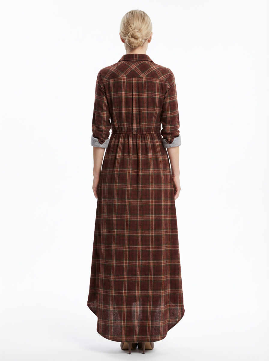 Maxi Dress Women Plaid Shirt Style Lapel Collar Single Breasted Long Sleeve