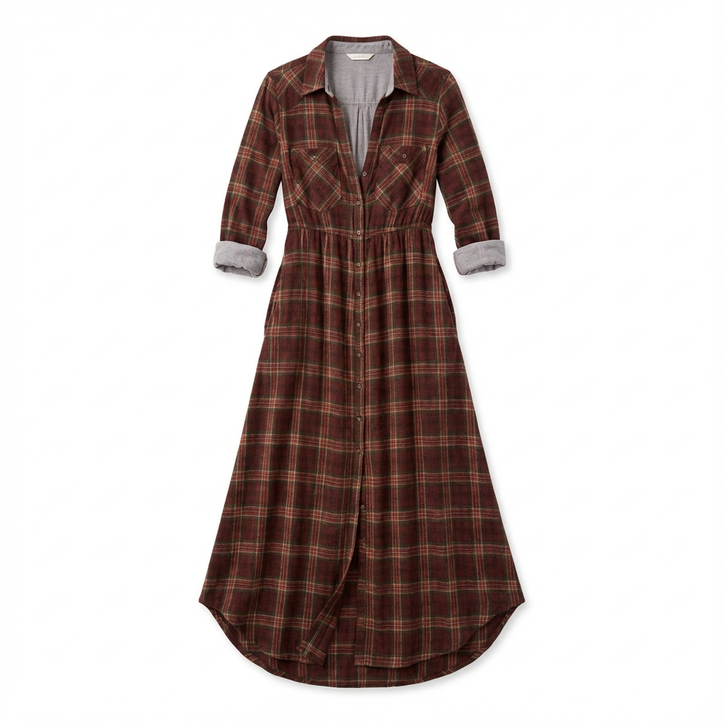 Maxi Dress Women Plaid Shirt Style Lapel Collar Single Breasted Long Sleeve