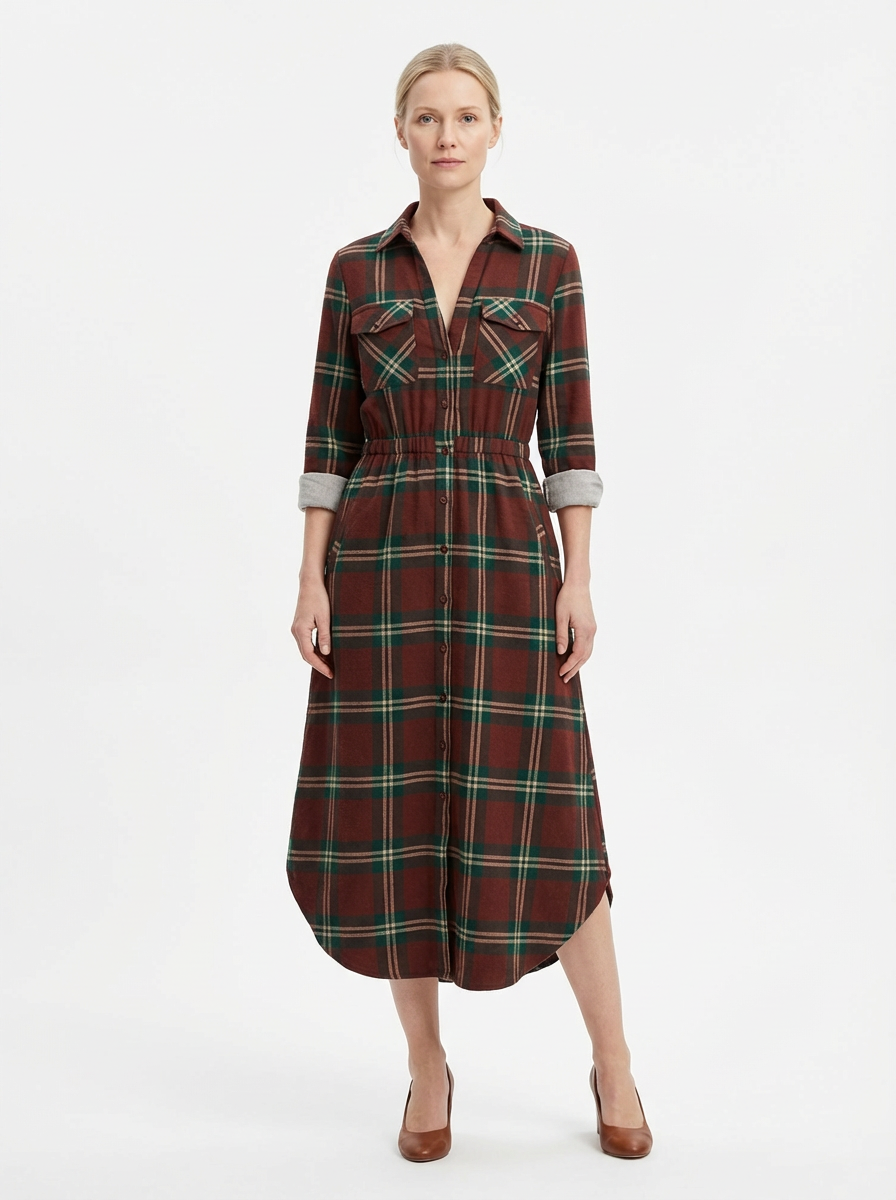 Maxi Dress Women Plaid Shirt Style Lapel Collar Single Breasted Long Sleeve
