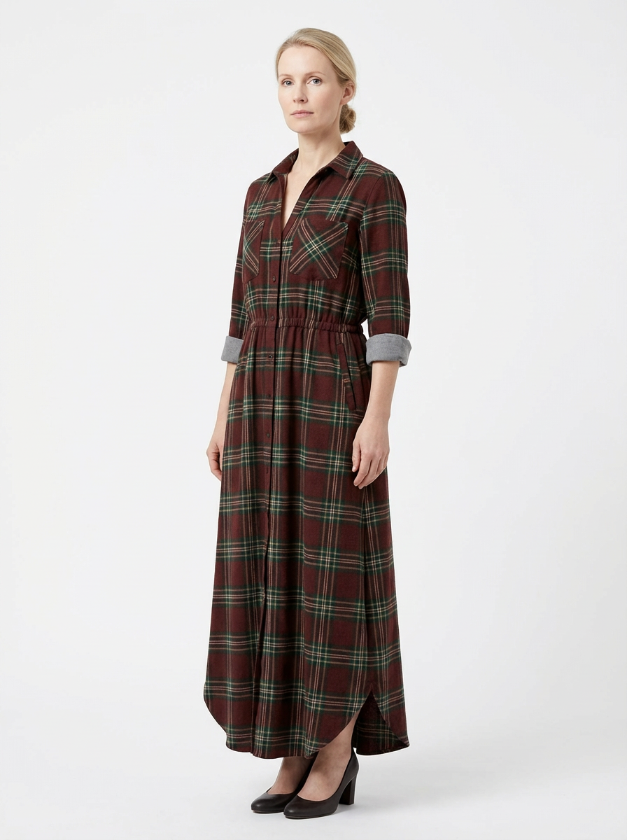 Maxi Dress Women Plaid Shirt Style Lapel Collar Single Breasted Long Sleeve