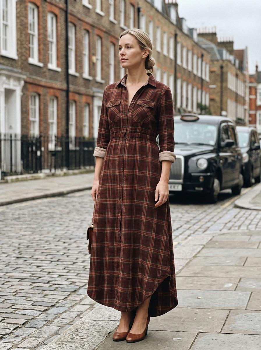 Maxi Dress Women Plaid Shirt Style Lapel Collar Single Breasted Long Sleeve