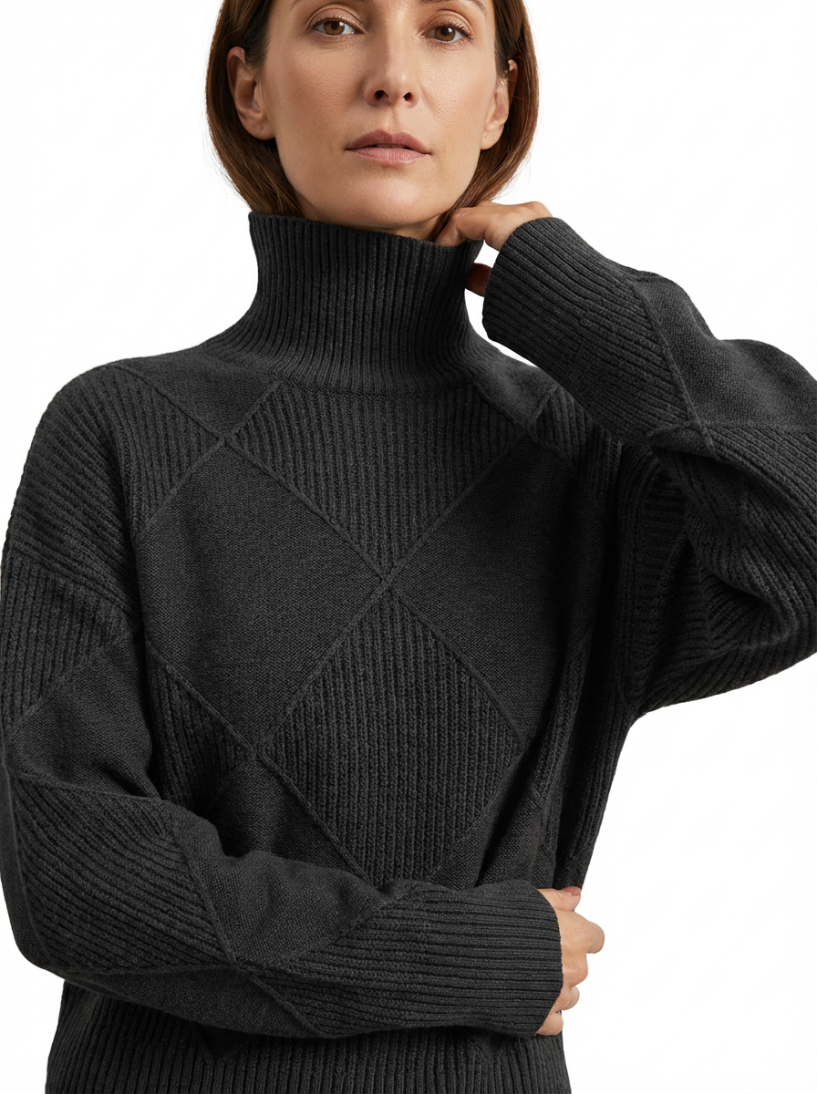 Sweater Women Ribbed Diamond Knit Relaxed Fit Turtleneck