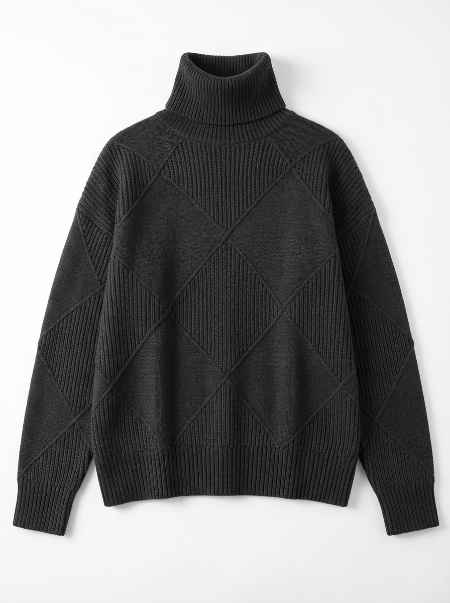 Sweater Women Ribbed Diamond Knit Relaxed Fit Turtleneck